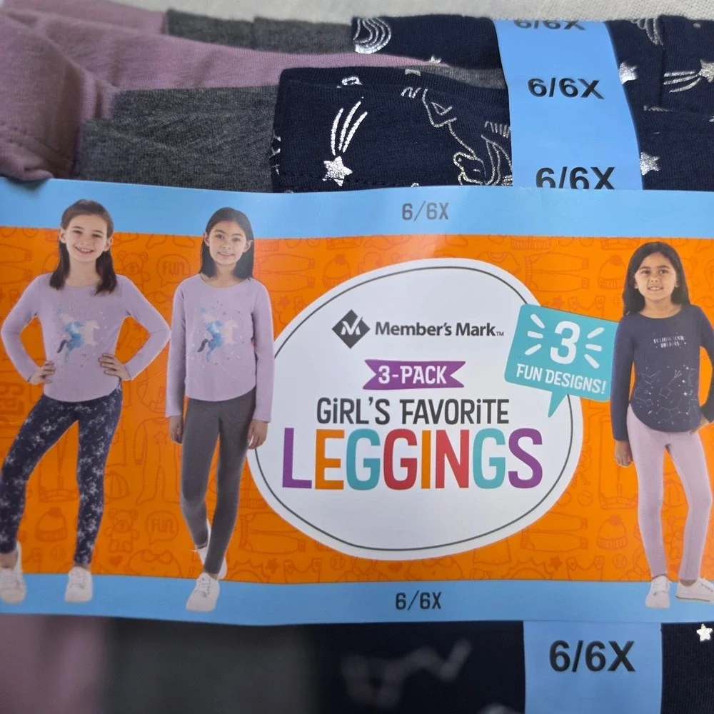 Member's Mark Girls Favorite Leggings 3-Pack Size 6/6X Navy Grey Pink Multi